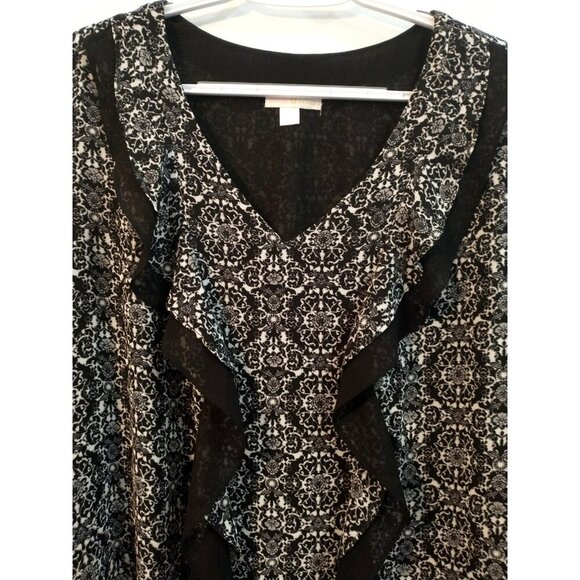 Belle by Kim Gravel Blouse Ruffle Front Flared Sleeve Black/White Lined - 2X - Picture 2 of 10